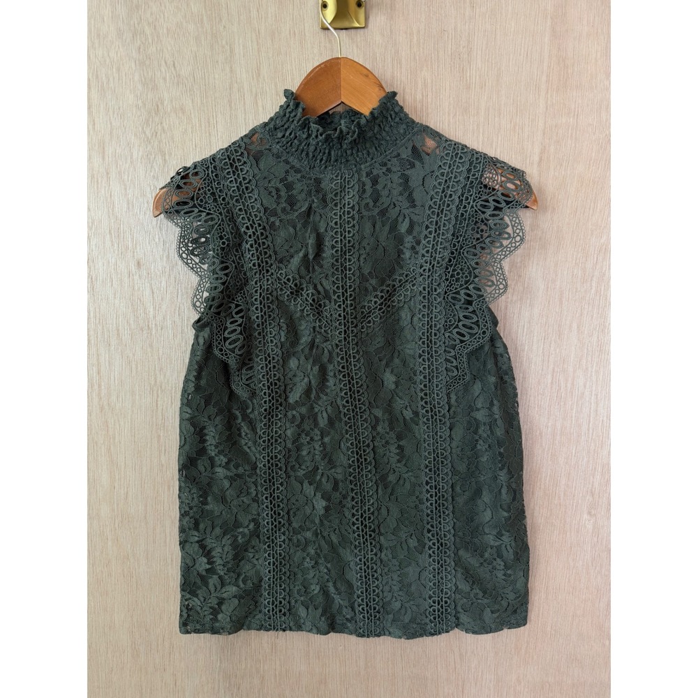 Cable & Gauge Olive Green Lace Mock Neck Sleeveless Blouse XS
